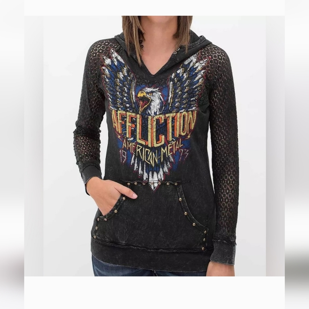 Affliction Black Graphic Hoodie Sweatshirt Bling Medium